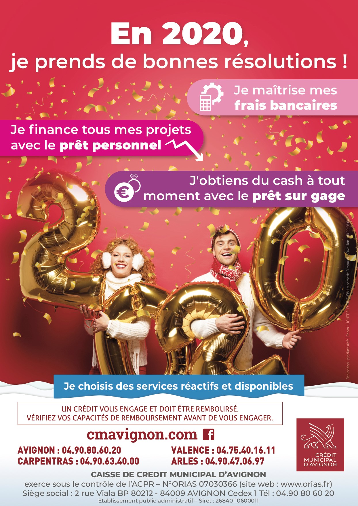 cette affiche représente un couple avec des ballons dorés représentant le nombre 2020 pour féter la nouvelle années et pour appeler à prendre de bonnes résolutions
