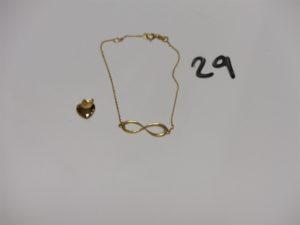 1 petit pendentif coeur en or et 1 bracelet en or motif signe de l'infini (L16cm). PB 1,4g