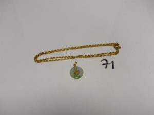 1 chaîne maille forçat en or 24K (L69cm. PB 36,6g et 1 pendentif jade monture en or PB 4,7g