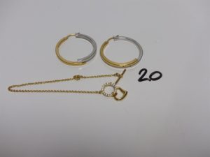 2 Créoles en or bicolore et 1 bracelet en or maille jaseron à décor d'un coeur et d'un cercle orné de petites pierres (L20cm). PB 6,6g