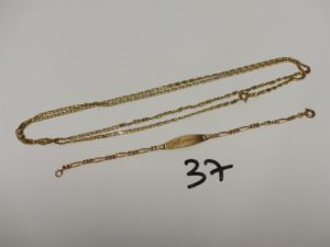 1 Bracelet pour enfant en or maille alternée avec plaque identité gravée "Asmina" (L13cm) et 1 chaîne en or maille fantaisie (L67cm). PB 8,7g