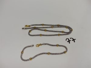 1 chaîne maille colonne en or à décor de petites boules (L42cm) et 1 bracelet assorti (L20cm). PB 16,6g
