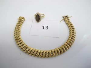 1 Bracelet en or maille américaine(L22cm),1 bague en or ornée d'une pierre marron entourée de pierres blanches(TD58).PB27,1g.