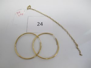 2 Créoles en or (D5cm),1 bracelet en alliage 9K brisé.PB or 3g//PB alliage 9 k 1,1g.