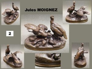 Jules MOIGNEZ "couple de perdrix et leurs petits" groupe en bronze patiné (L 14x18cm)