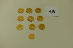 10 pièces d'or (3 de 20Frs RF 1910/1912/1914)(6 de 20Frs NAPIII B1862/B1863/A1865/B1965/B1868/B1869) et 1 de 10Frs RF1907. PB 61,1g