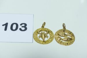 2 pendentifs en or 750/1000 (1 signe du poisson et 1 signe du scorpion). PB 6g