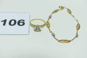 1 bracelet abimé en or 750/1000 orné de 3 petites perles (L18cm) et 1 bague rehaussée d'une pierre (td51). Le tout en or 750/1000. PB 4,3g (manque perle)