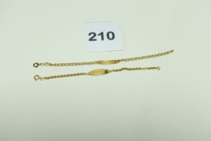 2 bracelets gourmette en or 750/1000 (1 gravée L15cm)(1 non gravé L12cm). PB 6,4grs.