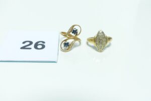 2 Bagues en or 750/1000 (1 toi et moi ornée de 2 pierres bleues et petits diamants, Td52)(1 ornée de petits diamants, Td53). PB 7,2g