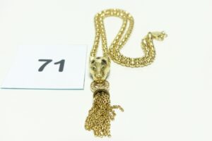1 Collier motif central à décor d'une tête de panthère ornée de pierres et d'un motif en pampille (L 44cm) en or 750/1000. PB 23,3g