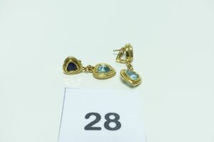 1 paire de pendants en or 750/1000 à décor de coeurs ornés d'une pierre. PB 14,9g
