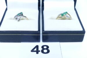 2 bagues en or 750/1000 ornées de petites pierres vertes et petits diamants (Td50/53). PB 5g
