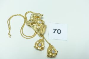 1 collier maille palmier en or 750/1000 motif central coulant et à décor d'un bouquet de fleurs orné de petites pierres et motif floral en pampille (L60cm). PB 29,9g