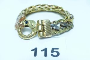1 bracelet maille tressée tricolore en or 750/1000 (petite pierre bleue cabochon au fermoir, L21cm, cabossé). PB 35g