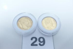 2 Pièces de 20frs en or 900/1000 (1 Léopold II 1874 et 1 Napoléon 1859A). PB 12,8g