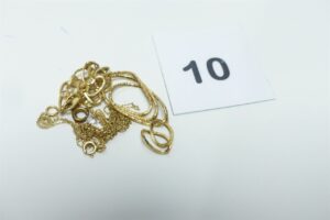 1 bracelet détérioré en or 585/1000 14K (fermoir en métal) et 1 chaîne très fine détériorée en or 750/1000 18K et son pendentif orné d'une petite pierre. PB 4,5g