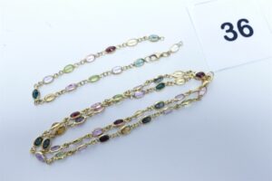 1 collier (L42cm) et 1 bracelet assorti à réparer (L18cm). le tout en or 750/1000 18K et pierres de couleur. PB 14,6g