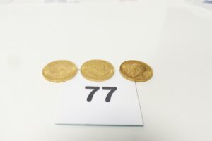 3 Pièces d'or 917/1000 (1 Souverain Georges V 1913, 1 Souverain Georges V 1925 et 1 Souverain Edouards VII 1907). PB 23,9g