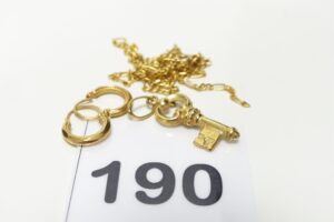1 Chaîne dérériorée, 1 pendentif clé et 2 petites créoles. Le tout en or 750/1000 18k. PB 3,4g