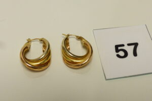 2 Créoles 3 rangs 3 ors 750/1000 18k. PB 5,8g (un peu cabossées)