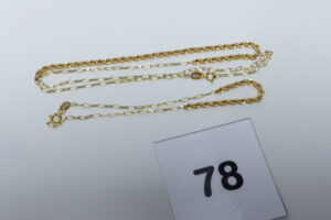1 Collier et 1 Bracelet maille alternée et maille corde en or 750/1000 18k (L46cm et 20cm). PB 3,5g