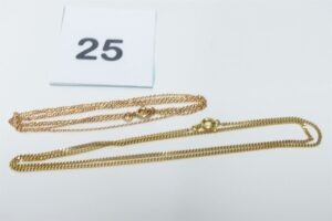 2 Chaînes en or 750/1000 18k (1 maille gourmette L44cm)(1 maille jaseron L60cm). PB 6,6g