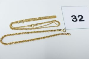 1 Chaîne maille gourmette (L54cm) et 1 bracelet maille corde (L18cm). Le tout en or 375/1000 9k PB 4,6g