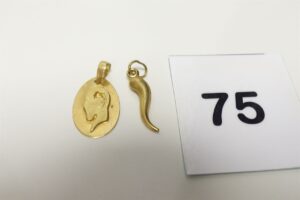 2 Pendentifs en or 750/1000 18k (1 signe du Bélier)(1 haricot). PB 3,4g