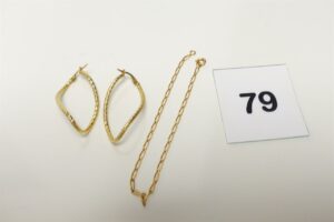 2 Créoles allongées et ouvragées et 1 bracelet maille alternée (L18cm)(fermoir à réparer). Le tout en or 750/1000 18k PB 3,9g