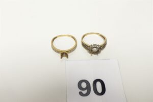 2 Bagues détériorées en or 375/1000 9k (petites pierres). PB 3,6g