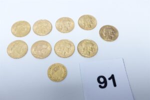 9 Pièces de 20frs RF or 900/1000 (2 de 1906, 3 de 1907, 1 de 1908, 1 de 1909, 1 de 1910 et 1 de 1912) et 1 pièce de 10frs NAPIII 1864b OR 916/1000. PB 61,2g