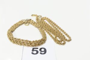 1 chaîne (L45cm) et 1 bracelet (L18cm, cabossé) maille corde. Le tout en or 375/1000 9k. PB 10,8g