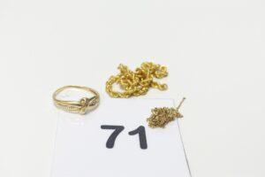 1 chaîne très fine détériorée et 1 bracelet maille corde détériorée. Le tout en or 375/1000 9k PB 1,8g et 1 bague en or 750/1000 18k ornée d'un petit diamant (Td48, 1 chaton vide). PB 1,3g
