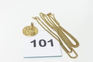 1 Chaîne maille gourmette en or 750/1000 18k (L67cm) et 1 médaille des St Patrons en or 750/1000 18k (gravée au verso). PB 11,2g