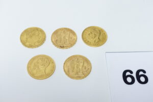 5 Pièces de 20Frs en or 900/1000 (1 NAP III 1868)(2 RF 1895/1877)(1 Umberto I 1881)(1 Victorius Emmanuel II 1859). PB 32,1g